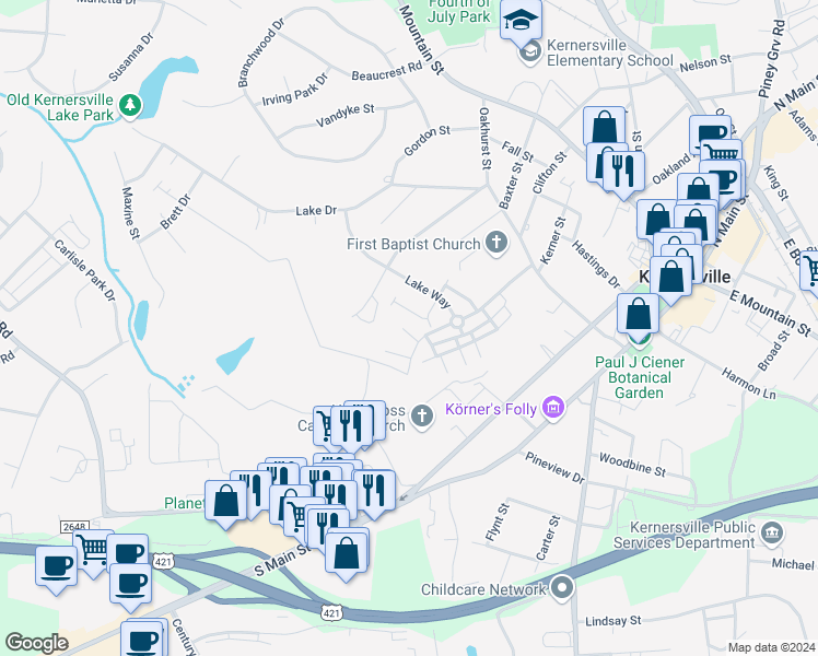 map of restaurants, bars, coffee shops, grocery stores, and more near 112 Davis Meadows Road in Kernersville