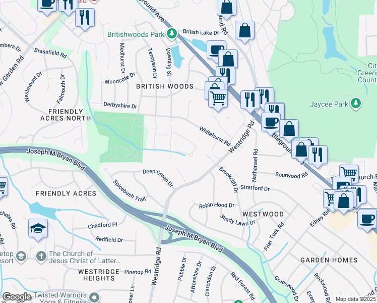 map of restaurants, bars, coffee shops, grocery stores, and more near 3404 Londonderry Drive in Greensboro