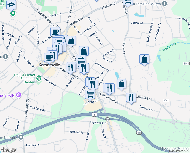 map of restaurants, bars, coffee shops, grocery stores, and more near 211 Justice Street in Kernersville