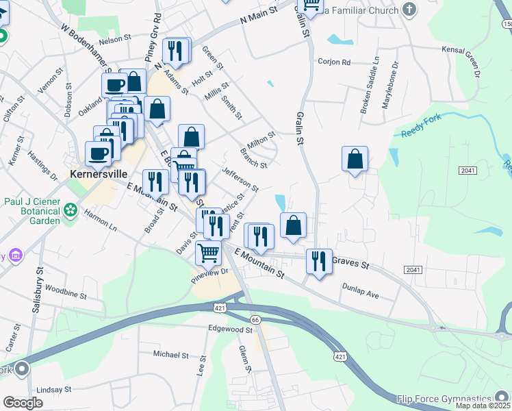 map of restaurants, bars, coffee shops, grocery stores, and more near 232 Trent Street in Kernersville
