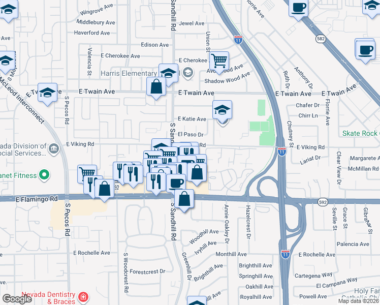 map of restaurants, bars, coffee shops, grocery stores, and more near 3950 South Sandhill Road in Las Vegas