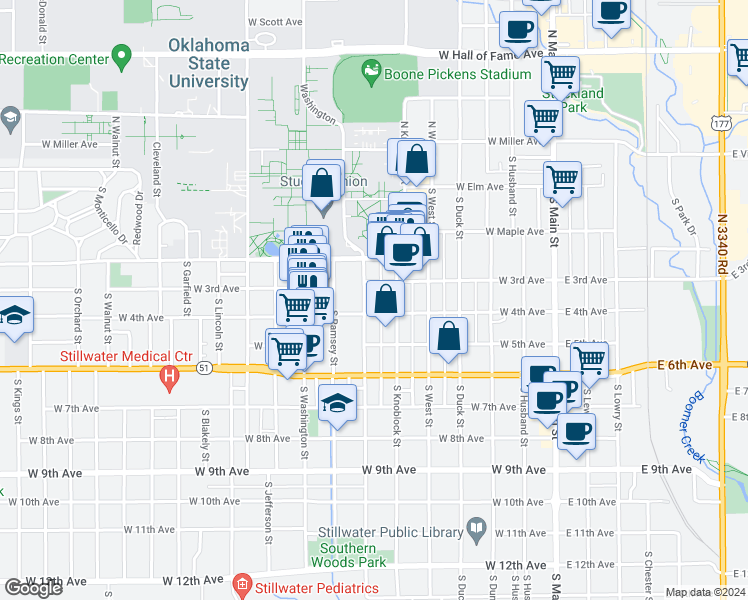 map of restaurants, bars, coffee shops, grocery stores, and more near 315 South Hester Street in Stillwater