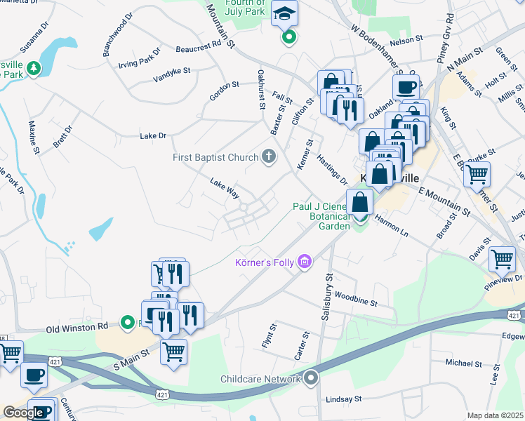 map of restaurants, bars, coffee shops, grocery stores, and more near 5212 McConnell Drive in Kernersville