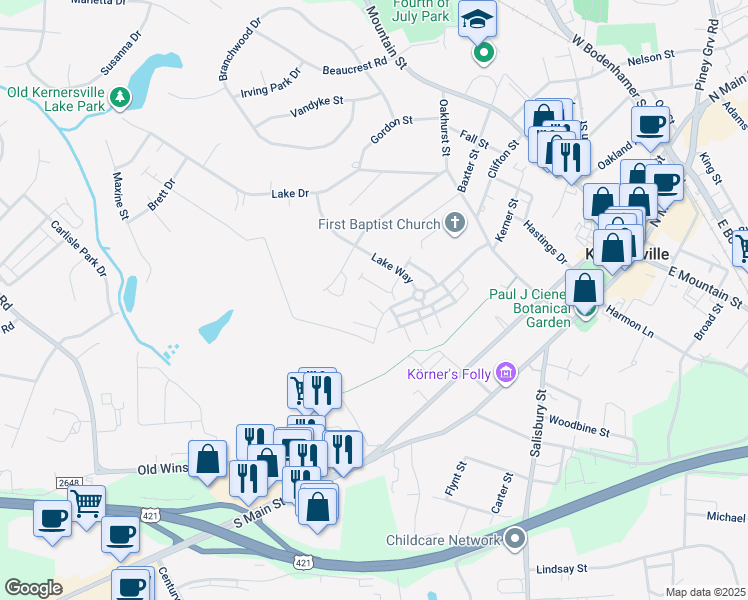 map of restaurants, bars, coffee shops, grocery stores, and more near 112 Davis Meadows Road in Kernersville