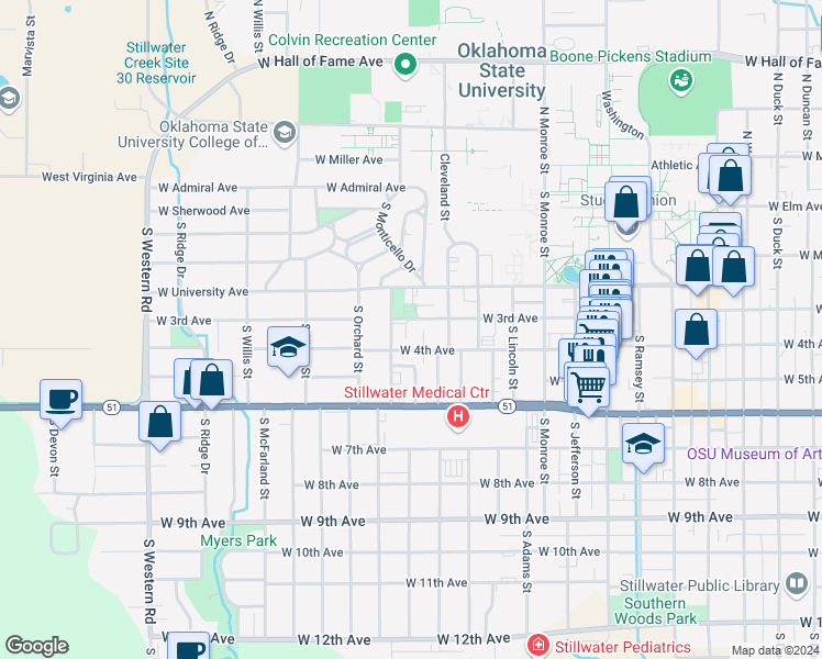 map of restaurants, bars, coffee shops, grocery stores, and more near 1501 West 3rd Avenue in Stillwater