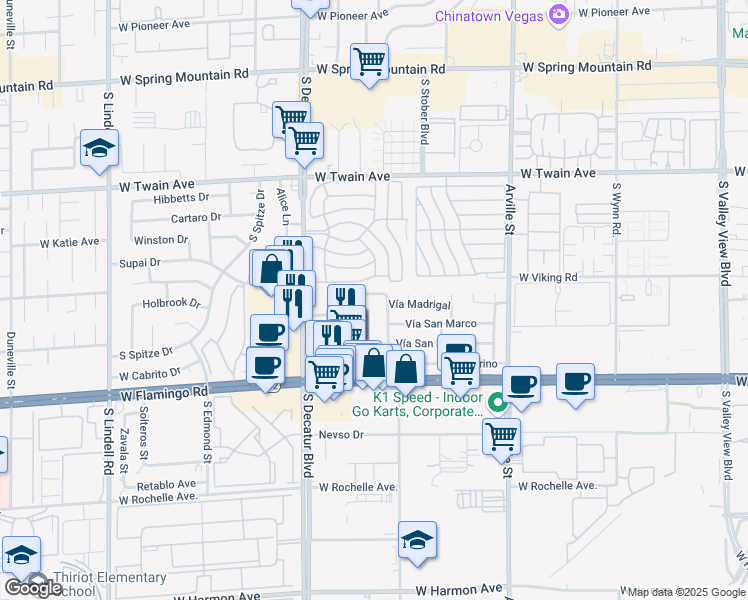 map of restaurants, bars, coffee shops, grocery stores, and more near 4721 Vía Renaldo in Las Vegas