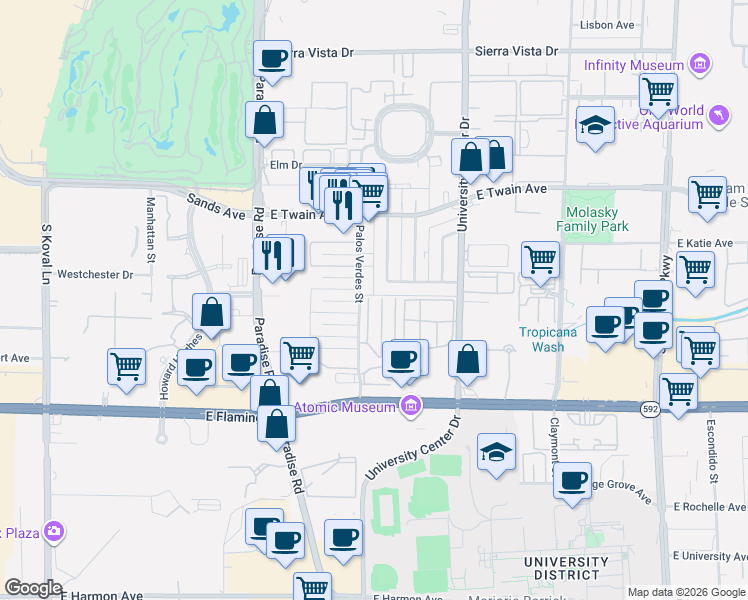 map of restaurants, bars, coffee shops, grocery stores, and more near 3892 Palos Verdes Street in Las Vegas