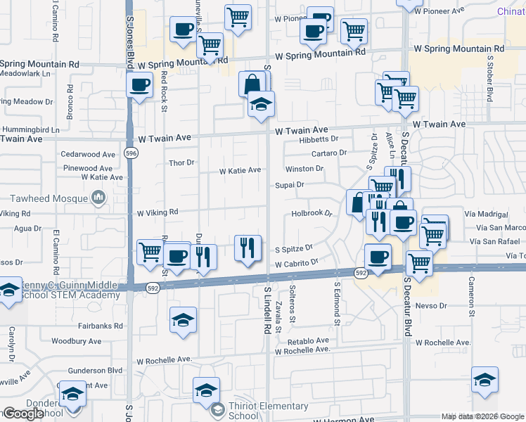 map of restaurants, bars, coffee shops, grocery stores, and more near 3892 South Lindell Road in Las Vegas