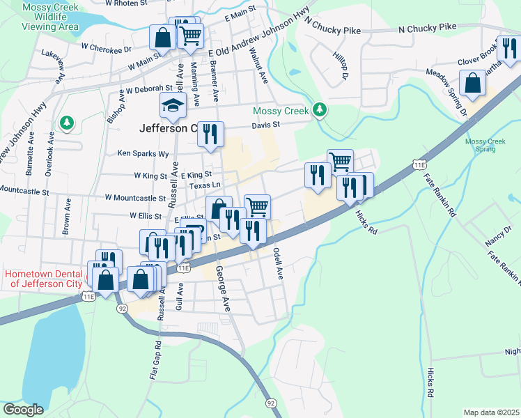 map of restaurants, bars, coffee shops, grocery stores, and more near 506 East Ellis Street in Jefferson City