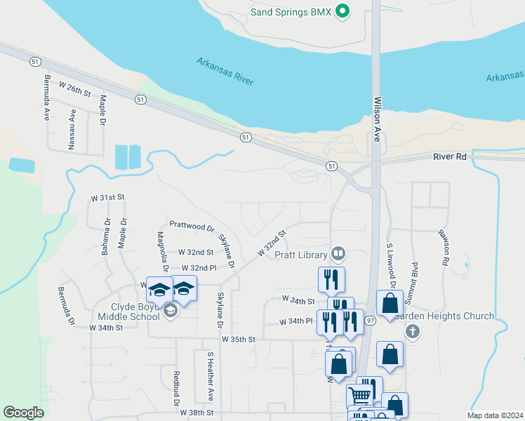 map of restaurants, bars, coffee shops, grocery stores, and more near 112 West 31st Street in Sand Springs