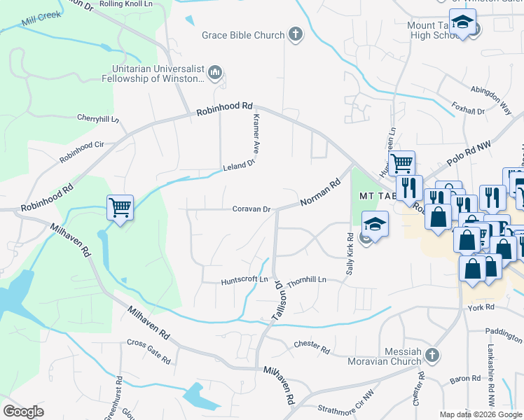map of restaurants, bars, coffee shops, grocery stores, and more near 305 Coravan Drive in Winston-Salem