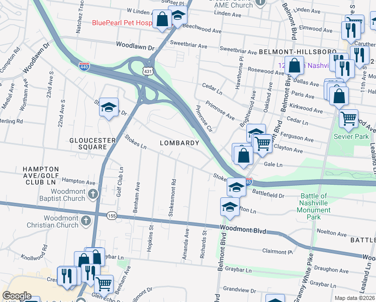 map of restaurants, bars, coffee shops, grocery stores, and more near 1821 Lombardy Avenue in Nashville