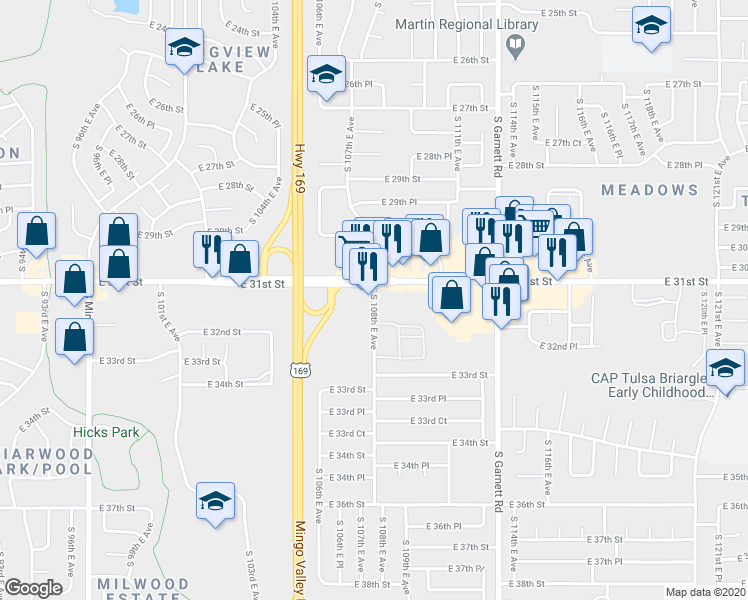 map of restaurants, bars, coffee shops, grocery stores, and more near 3137 South 108th East Avenue in Tulsa