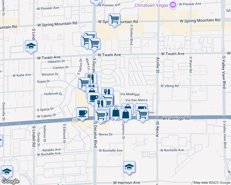 map of restaurants, bars, coffee shops, grocery stores, and more near 4721 Vía Renaldo in Las Vegas