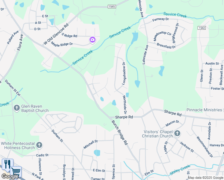 map of restaurants, bars, coffee shops, grocery stores, and more near 1607 Longshadow Court in Burlington