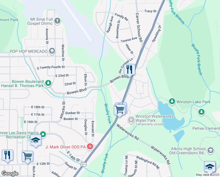 map of restaurants, bars, coffee shops, grocery stores, and more near 2401-3119 Bowen Boulevard in Winston-Salem