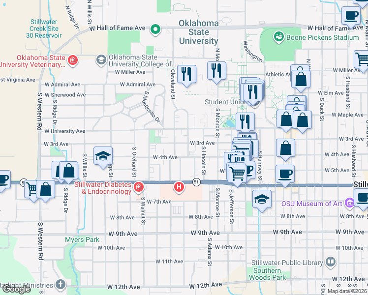 map of restaurants, bars, coffee shops, grocery stores, and more near 323 South Cleveland Street in Stillwater