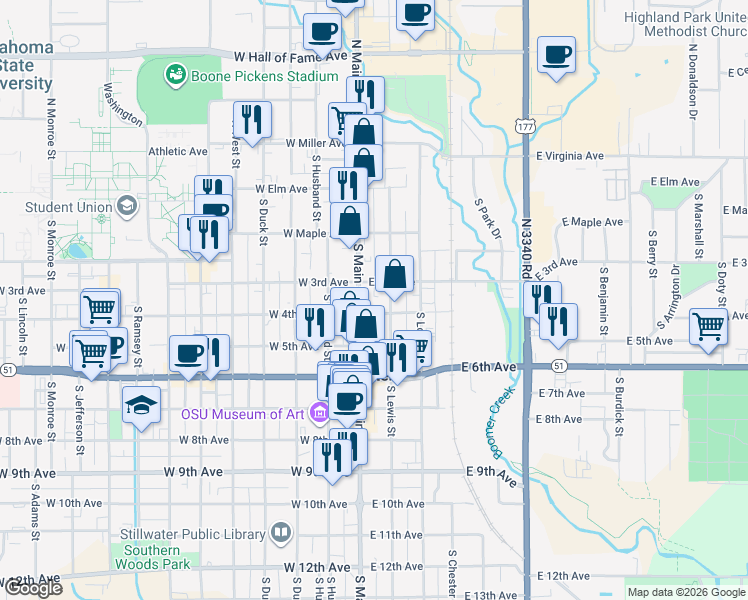 map of restaurants, bars, coffee shops, grocery stores, and more near 303 South Main Street in Stillwater