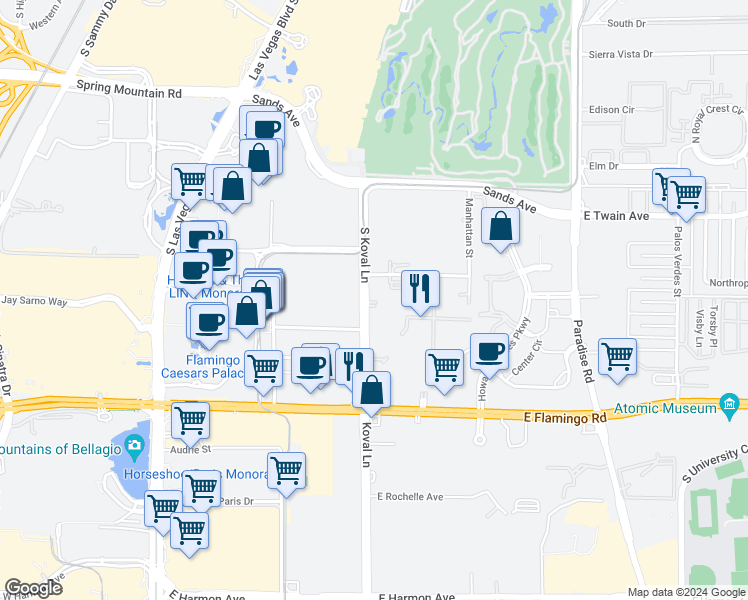 map of restaurants, bars, coffee shops, grocery stores, and more near 3950 Koval Lane in Las Vegas