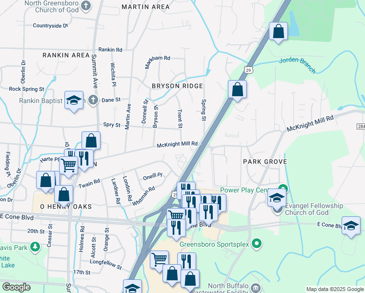 map of restaurants, bars, coffee shops, grocery stores, and more near 1740 McKnight Mill Road in Greensboro