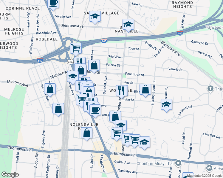 map of restaurants, bars, coffee shops, grocery stores, and more near 219 Elberta Street in Nashville