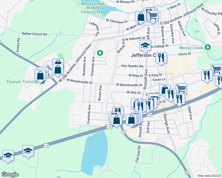 map of restaurants, bars, coffee shops, grocery stores, and more near 758 W Ellis St in Jefferson City