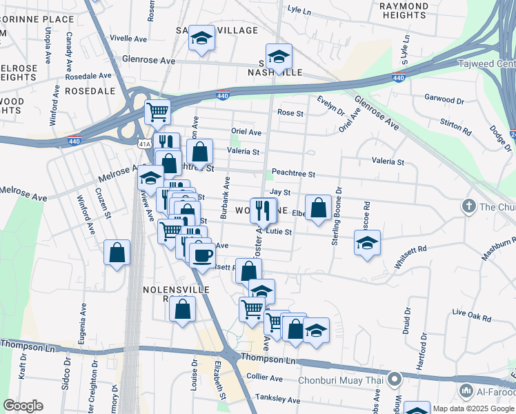 map of restaurants, bars, coffee shops, grocery stores, and more near 201 Elberta Street in Nashville