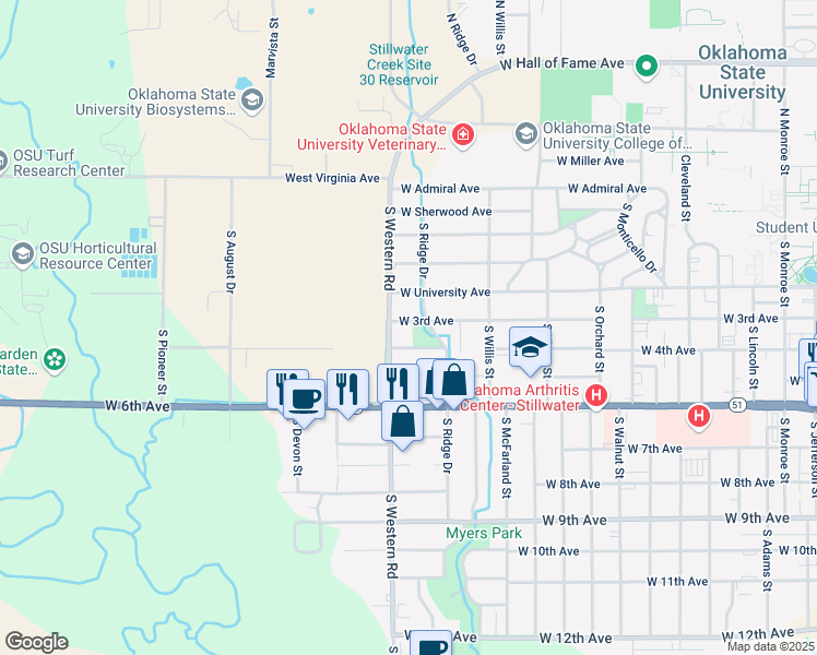 map of restaurants, bars, coffee shops, grocery stores, and more near 2215 West 3rd Avenue in Stillwater