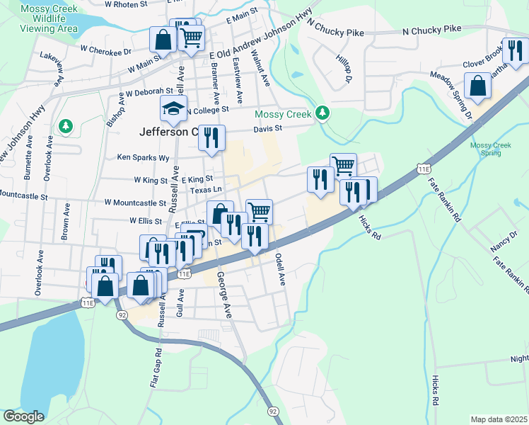 map of restaurants, bars, coffee shops, grocery stores, and more near 506 East Ellis Street in Jefferson City