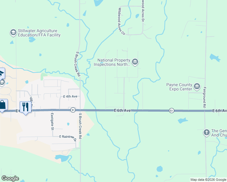 map of restaurants, bars, coffee shops, grocery stores, and more near 3610 Andy Kay Lane in Stillwater