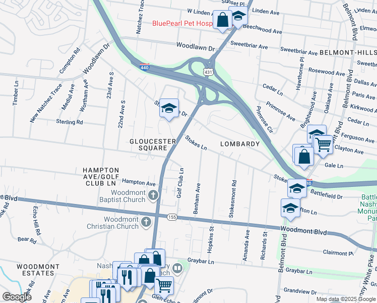map of restaurants, bars, coffee shops, grocery stores, and more near 2013 Stokes Lane in Nashville