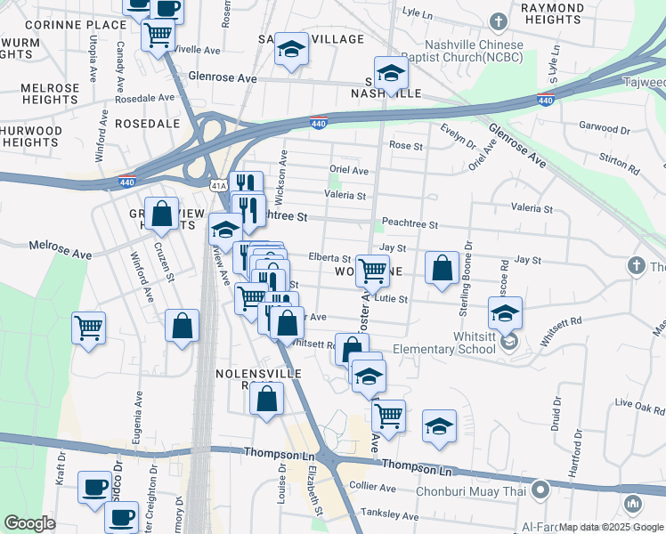 map of restaurants, bars, coffee shops, grocery stores, and more near 219 Elberta Street in Nashville