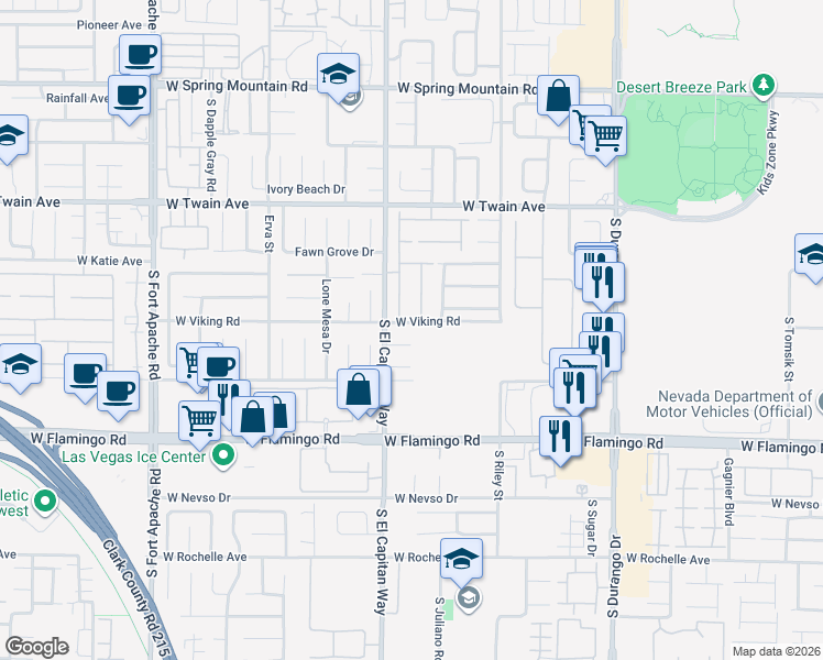 map of restaurants, bars, coffee shops, grocery stores, and more near 8953 West Viking Road in Las Vegas