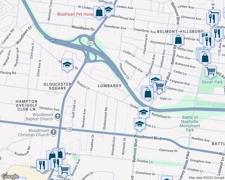 map of restaurants, bars, coffee shops, grocery stores, and more near 1821 Lombardy Ave in Nashville