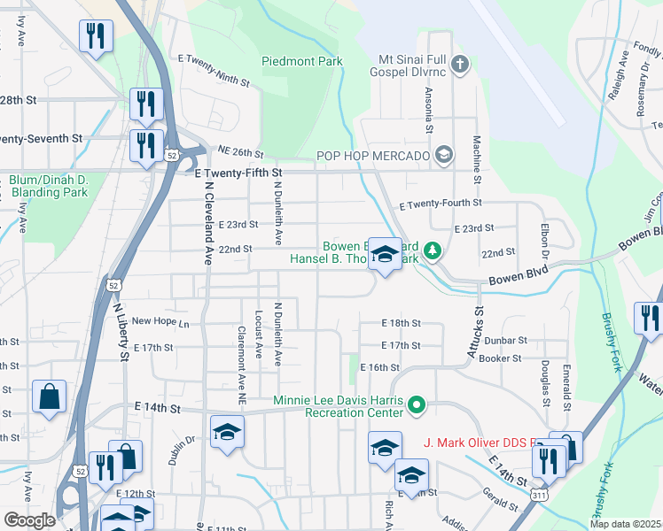 map of restaurants, bars, coffee shops, grocery stores, and more near 1613 Northeast Ashley School Circle in Winston-Salem