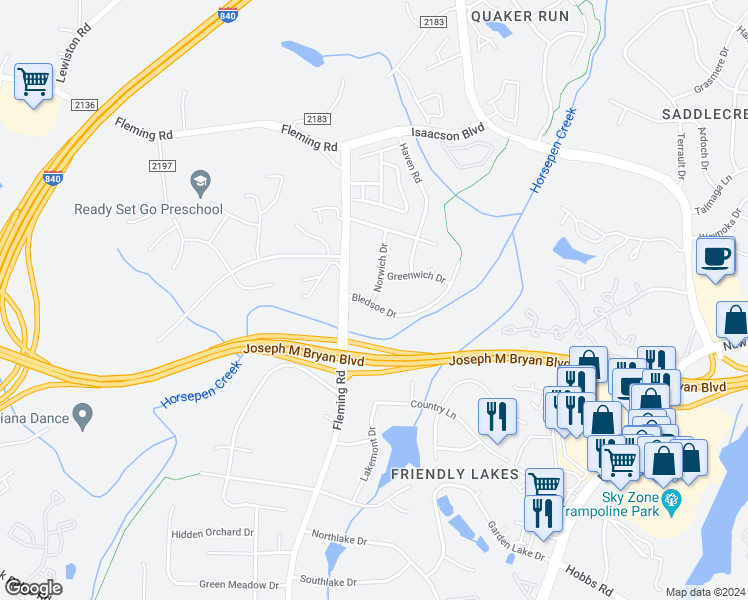 map of restaurants, bars, coffee shops, grocery stores, and more near 3012 Dressage Drive in Greensboro