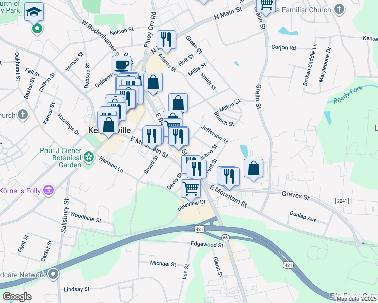 map of restaurants, bars, coffee shops, grocery stores, and more near 405 East Bodenhamer Street in Kernersville