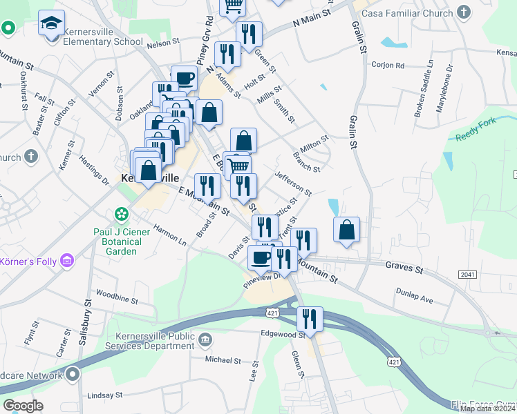 map of restaurants, bars, coffee shops, grocery stores, and more near 405 East Bodenhamer Street in Kernersville