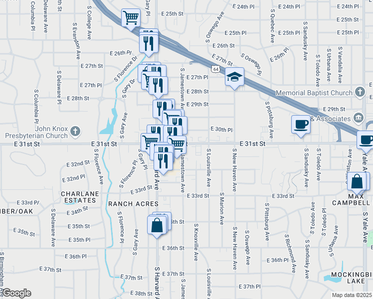 map of restaurants, bars, coffee shops, grocery stores, and more near 3520 East 31st Street in Tulsa