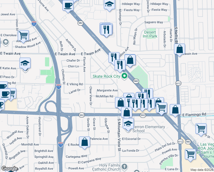 map of restaurants, bars, coffee shops, grocery stores, and more near 4527 East Viking Road in Las Vegas