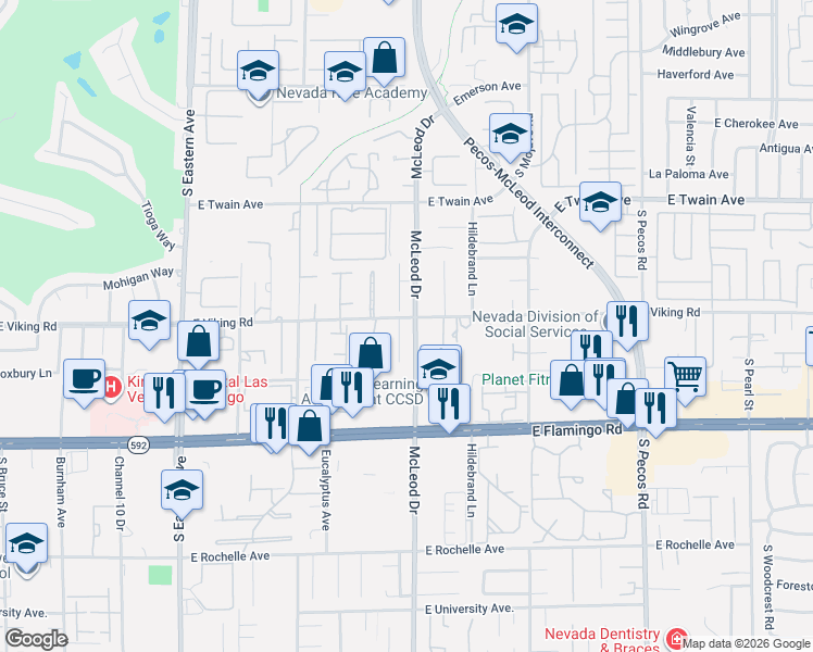 map of restaurants, bars, coffee shops, grocery stores, and more near 2981 East Viking Road in Las Vegas