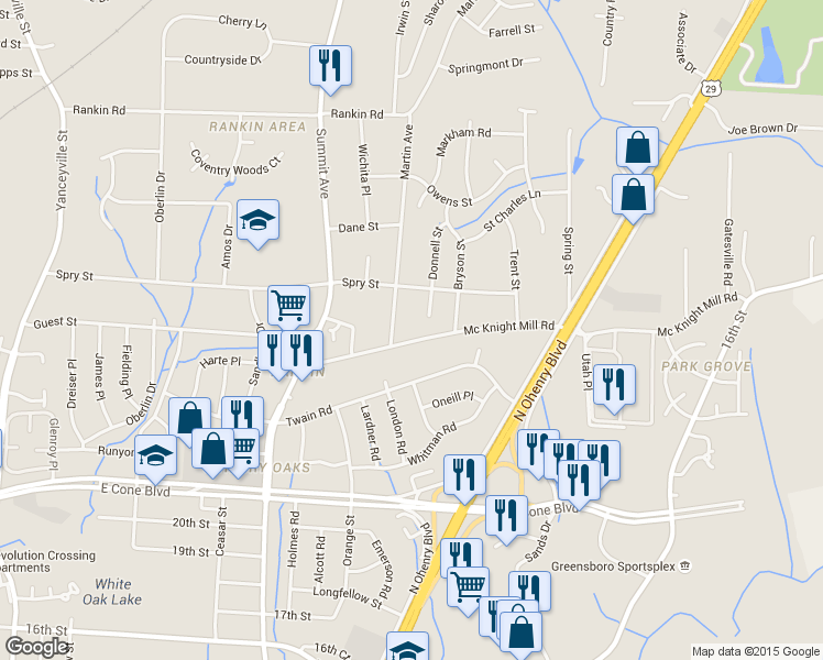 map of restaurants, bars, coffee shops, grocery stores, and more near 3206 Martin Avenue in Greensboro