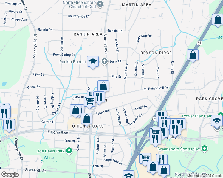 map of restaurants, bars, coffee shops, grocery stores, and more near 1600 Rankin King Drive in Greensboro