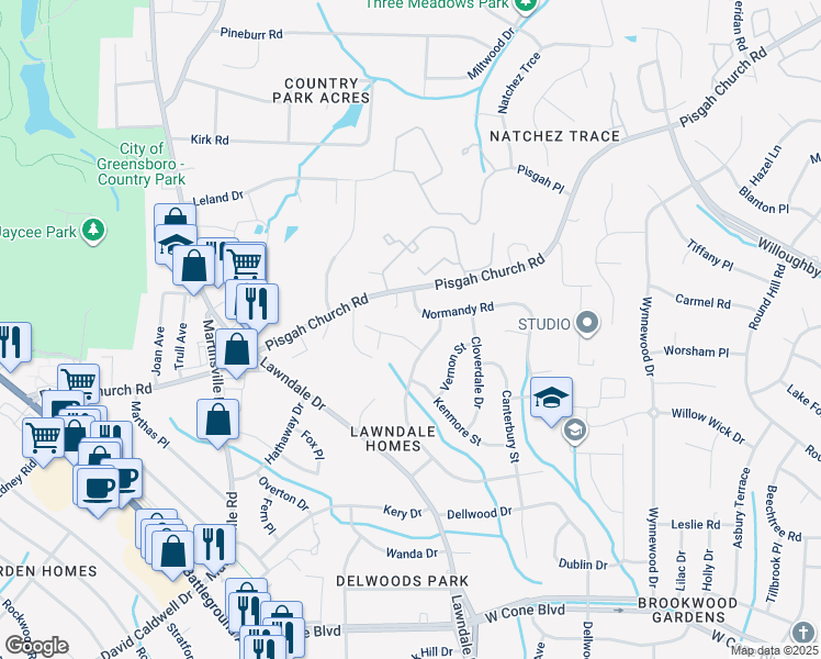 map of restaurants, bars, coffee shops, grocery stores, and more near 3704 Pershing Court in Greensboro