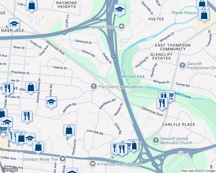 map of restaurants, bars, coffee shops, grocery stores, and more near 2520A Glenrose Avenue in Nashville