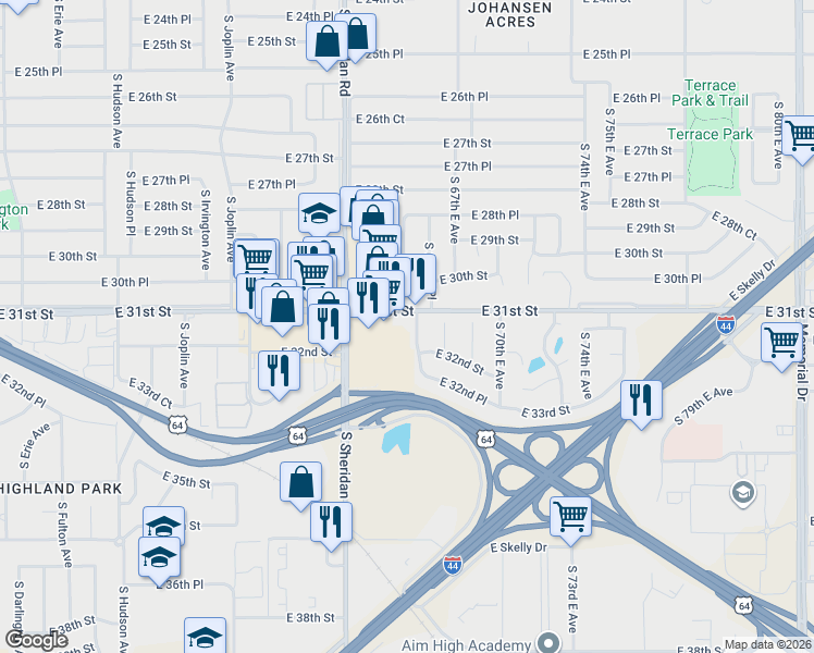map of restaurants, bars, coffee shops, grocery stores, and more near 6546 East 31st Street in Tulsa