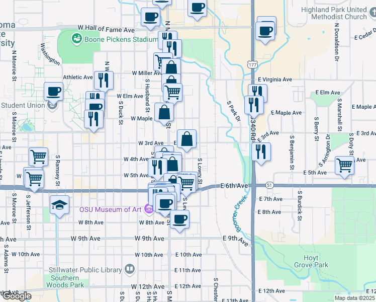 map of restaurants, bars, coffee shops, grocery stores, and more near 303 South Main Street in Stillwater