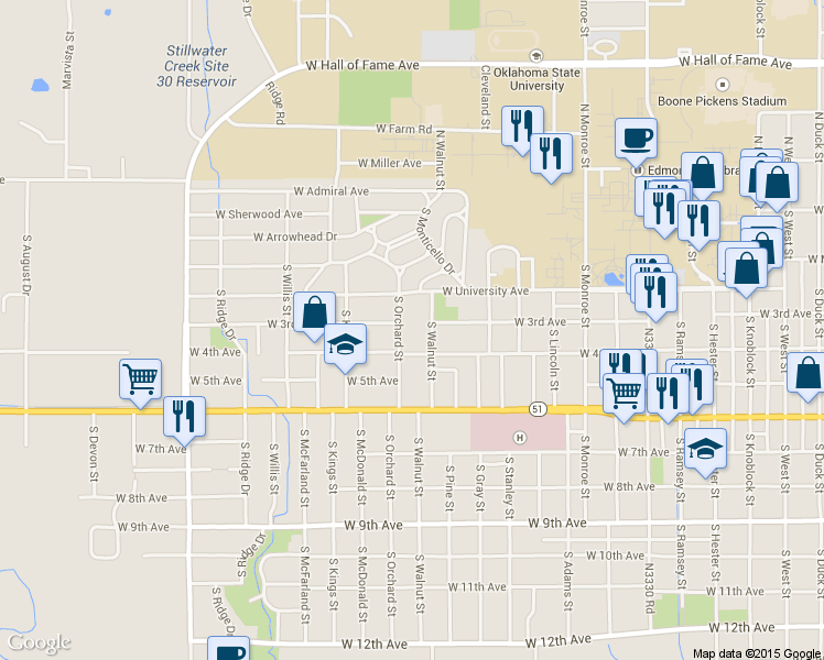 map of restaurants, bars, coffee shops, grocery stores, and more near 301 South Orchard Street in Stillwater