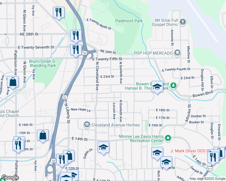 map of restaurants, bars, coffee shops, grocery stores, and more near 1403 21st Street in Winston-Salem