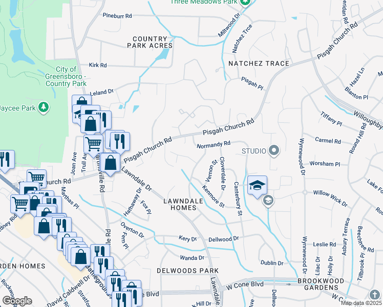 map of restaurants, bars, coffee shops, grocery stores, and more near 3704 Pershing Court in Greensboro